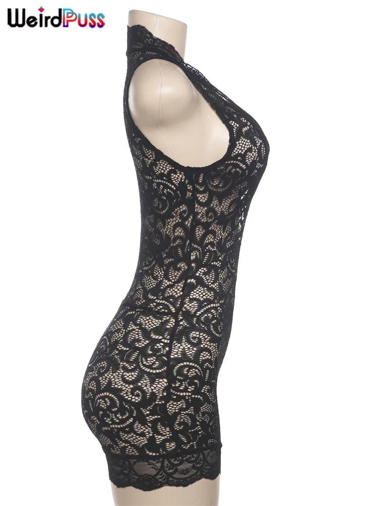 Weird Puss Lace v-Neck See-Through Rompers Woman Summer Sexy Thin Solid Sleeveless Low-Neck Stretch Peach Hip Skinny Playsuit