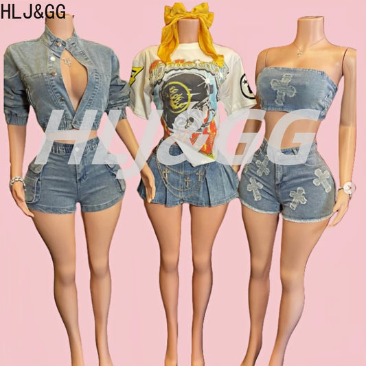 HLJ&GG Blue Fashion jeans Pocket Cargo Shorts Two Piece Sets Women Zipper Long Sleeve Crop Top And Shorts Outfits Cowboy Suits