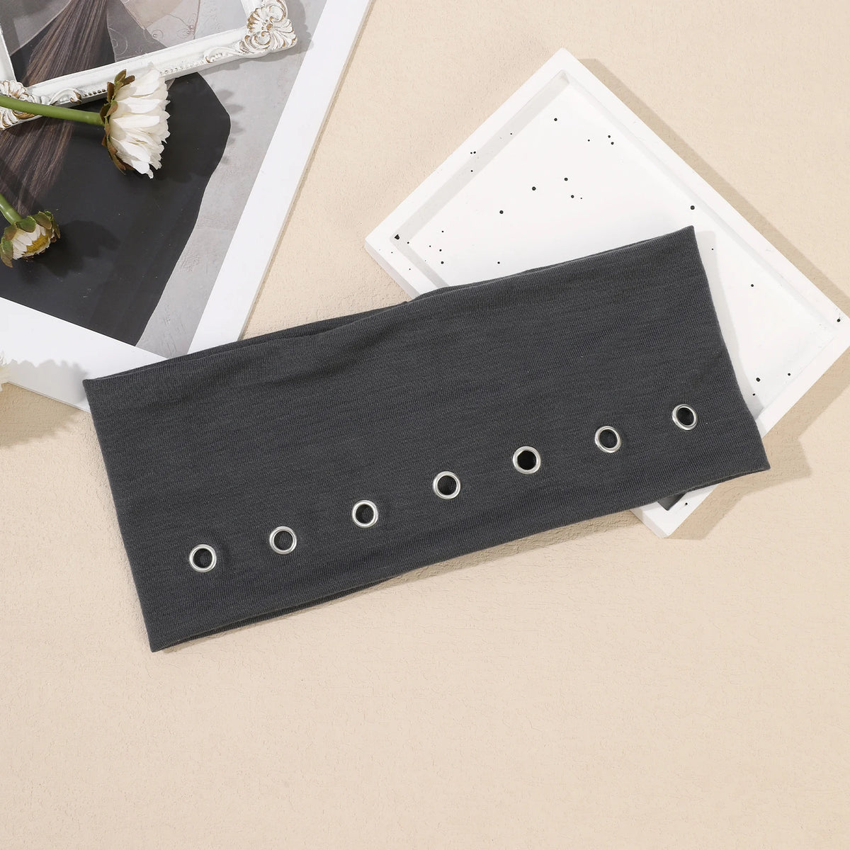 AWAYTR Punk Girl Fabric Hollow Elastic Headbands Metal Rock Personalized Hollow Eyelets Hair Band Casual Sports Grommet Headband