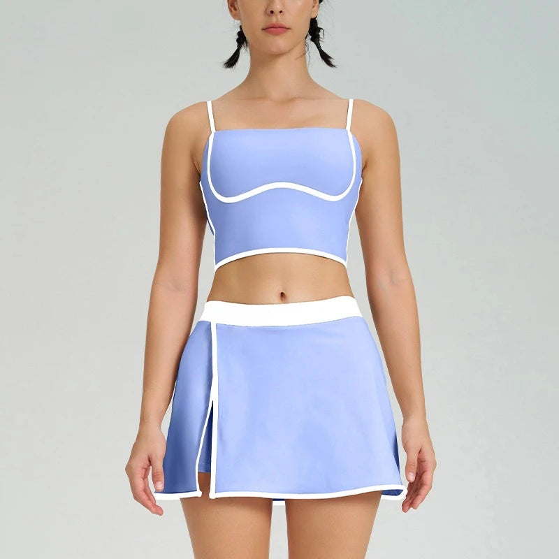 HLJ&GG Fashion High Quality Stretch Sporty Skirts Shorts Two Piece Sets Women Spaghetti Strap Slim Crop Top+Mini Skirts Outfits