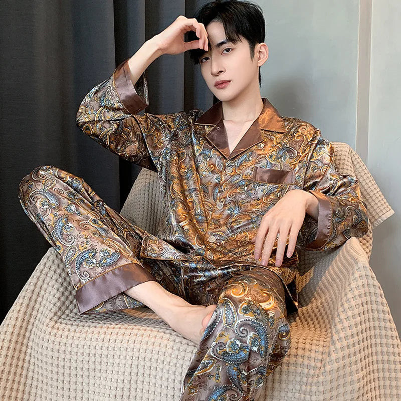 Silk Satin Pajamas for Men Sleepwear Cozy Soft Print Long Sleeve Nightgown Tops + Trousers Two Pieces Mens Pajama Set