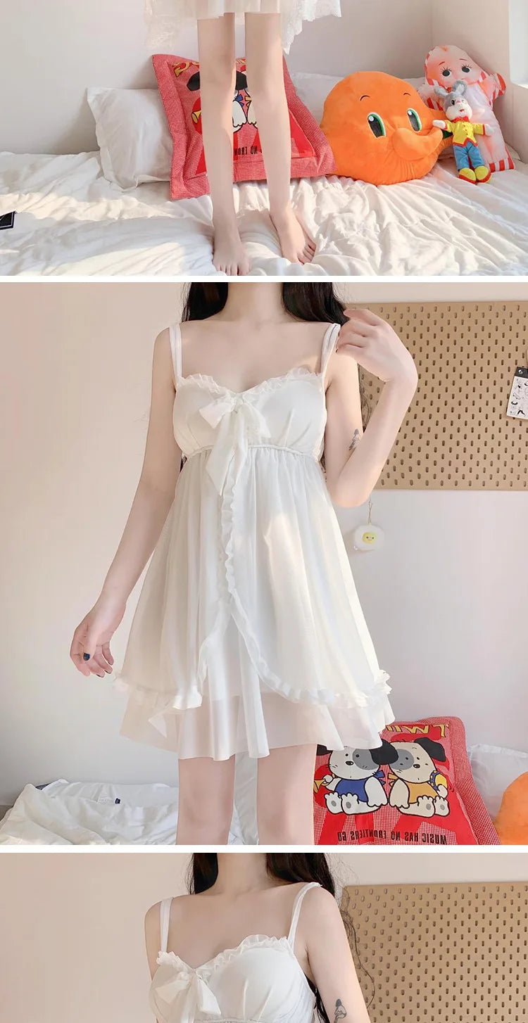 Summer Sexy Pajamas with Breast Pads Female Lace Pajamas Robe Gown Set Sexy Sleepwear White Lace Night Gown  Lingerie for Women