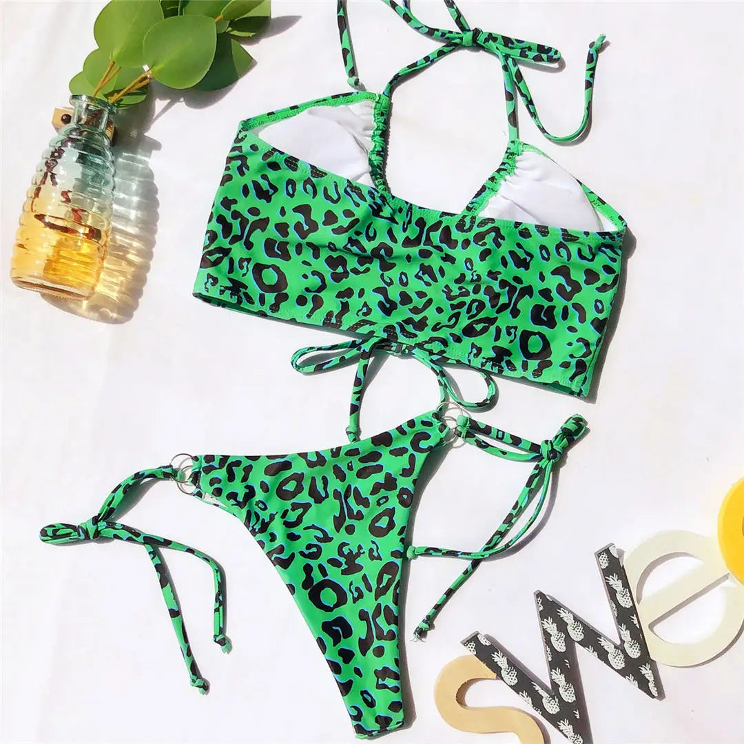 Sexy High Cut Leopard Bikini Women Swimwear Female Swimsuit Two-pieces Bikini set Lace Up Bather Bathing Suit Swim V1708