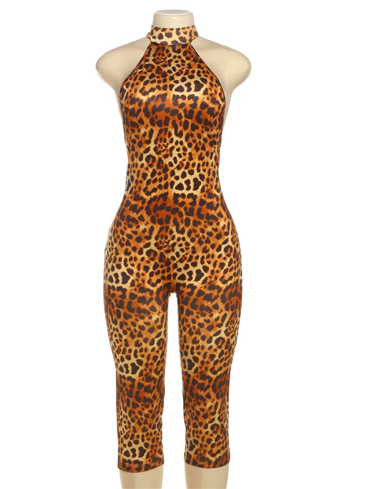 Weird Puss Backless Romper Women Halter Bandage Leopard Print Fit Tight Stretch Summer Sexy Hipster Activity Workout Playsuits