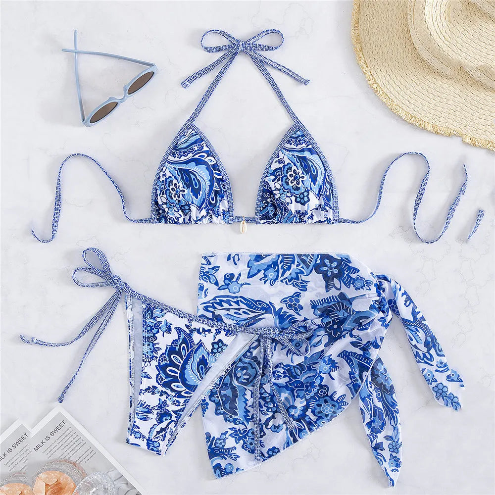 Vintage Blue Floral Print Swimwear Halter String Triangle 3 Piece Bikini Set Cover Ups Sexy Swimsuit Women 2026 Bikinis De Muejr