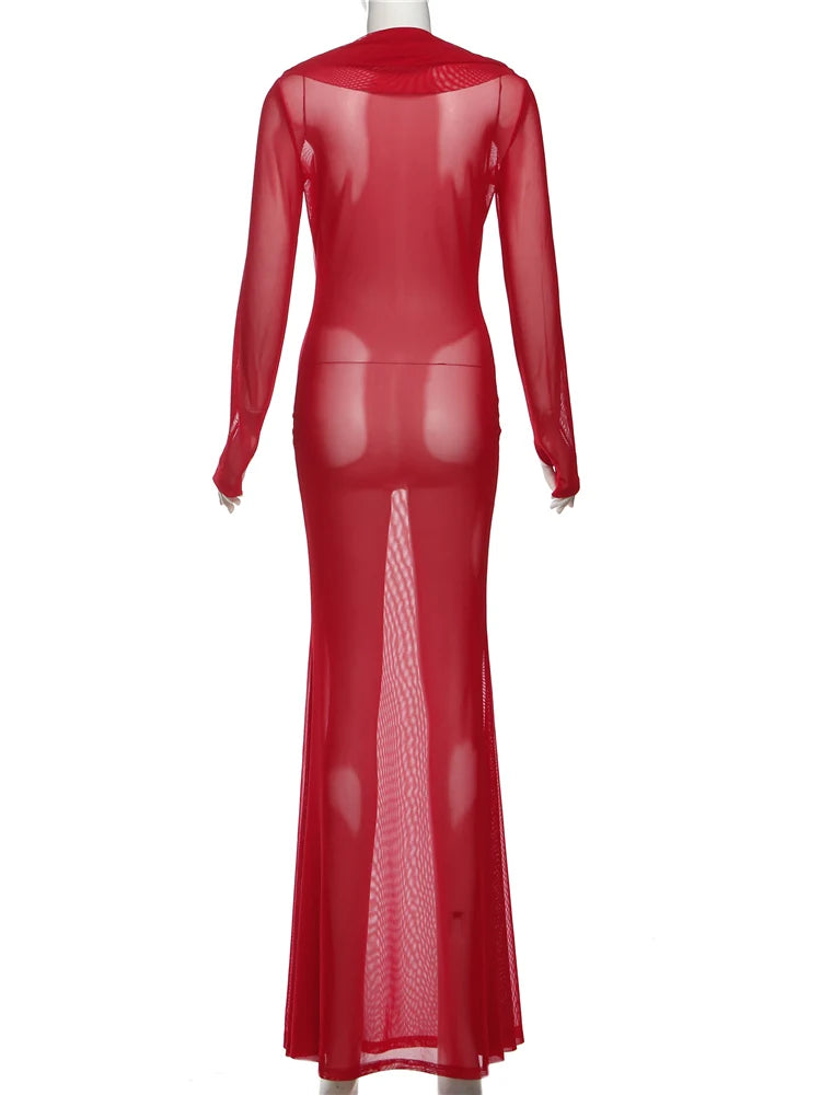 Weird Puss Sexy Thin Mesh Dress Women Deep Swing Collar Ruched Elegant Birthday Prom Party Clubwear Stretch Skinny Maxi Bodycon