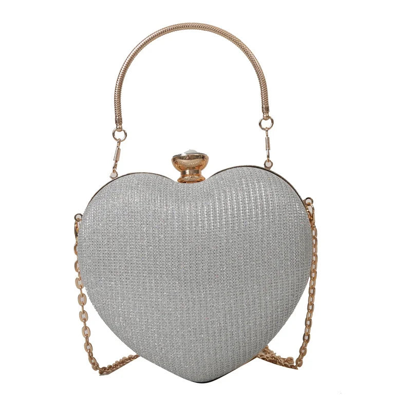 Evening Clutch Bag For Women Shiny Heart Shape Metal Clutch Chain Shoulder Purse