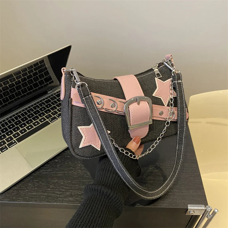 Fashion Women's Handbags Denim Stars Pattern Cool Girls Underarm Bag Female Small Shoulder Hobo Bags Chain Tote Bag