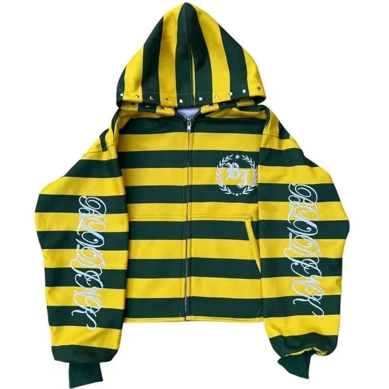 Y2K Retro Kid Zipper Hoodie Stripe Rivet Letter Embroidery Pattern Sweatshirt Men HipHop Fashion Streetwear Unisex Women Clothes