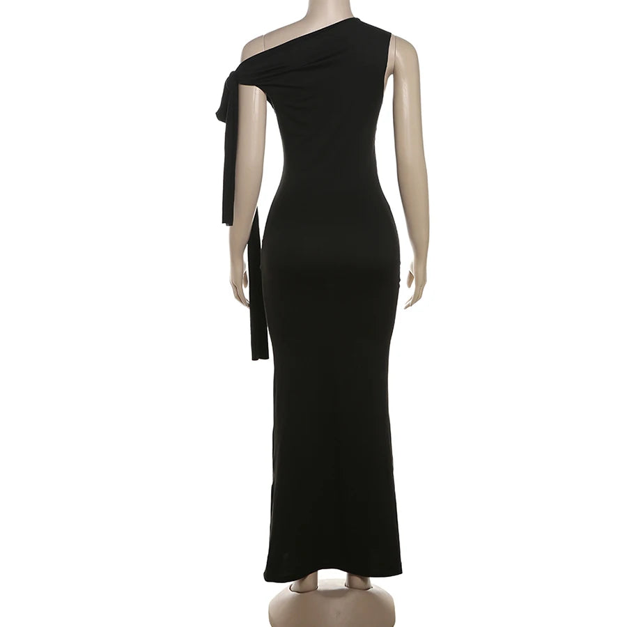 Weird Puss One-Shoulder Dress Woman Summer Sexy Solid Elegant Knot Bandage Sleeveless Bodyshape Simple Party Skinny Vestidos