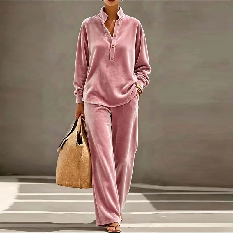 Autumn Winter Solid Soft Velvet 2 Piece Set Women Fashion Stand Neck Button Blouses High Waist Pants Sets Long Sleeve Warm Suits