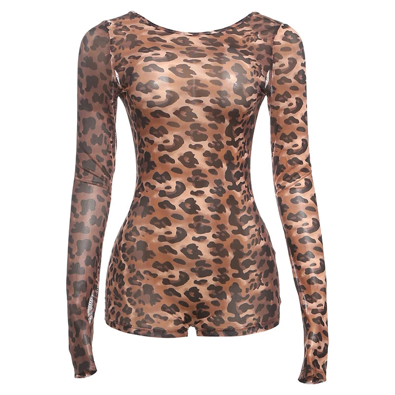 Leopard Backless Full Sleeve Romper — Women's Clubwear
