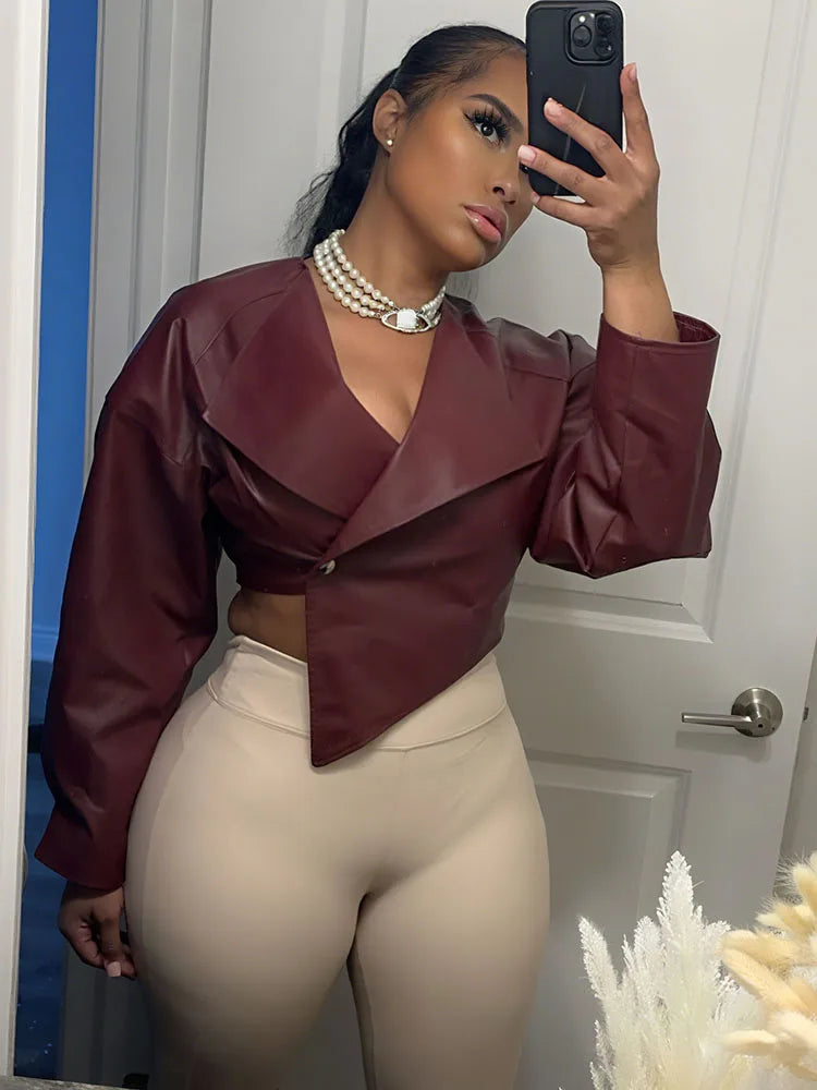 Faux Leather Irregular Crop Jacket — Women's Streetwear Coat