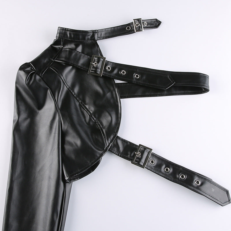 Women PU Leather Jackets Fashion Punk Gothic E Girl Y2K Crop Tops Single Long Sleeve Neck Hanger Buckle Belt Coat Outerwear