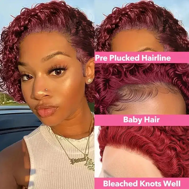 99j Red Short Curly Wigs Pixie Cut Lace Front Wigs 6 inch Human Hair 13X1 Pixie Burgundy Human Hair Wigs For Women Pixie Wig