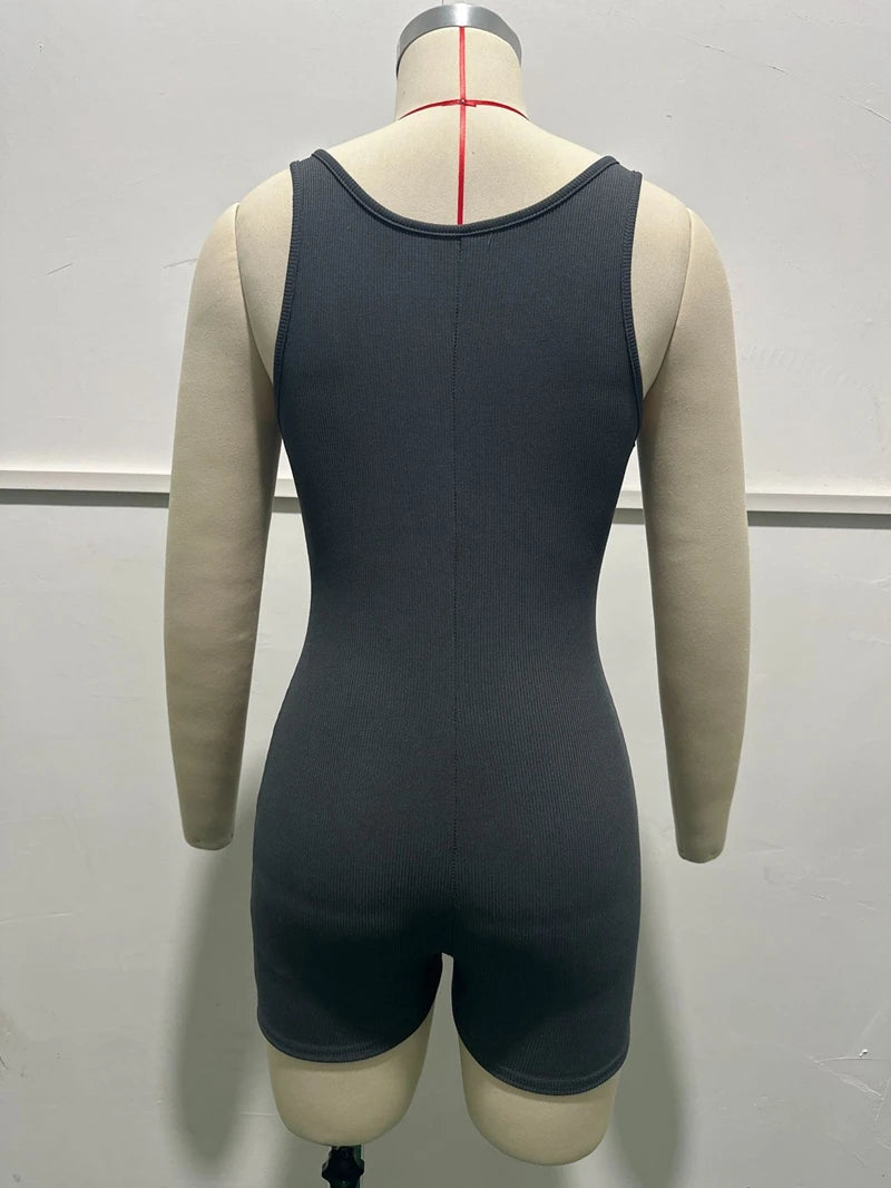 STYLISH LADY Solid Color Ribbed Playsuits 2025 Summer Women Sleeveless V Neck Bodycon Sexy Club Party Street Sports Overalls