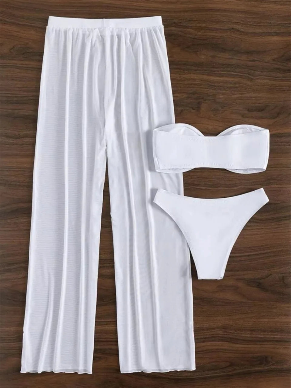 3pcs Tie Front Bandeau Bikini Set 2026 Women Triangle Swimwear Female Printed Swimsuit With Beach Pants Sexy Padded Bathing Suit
