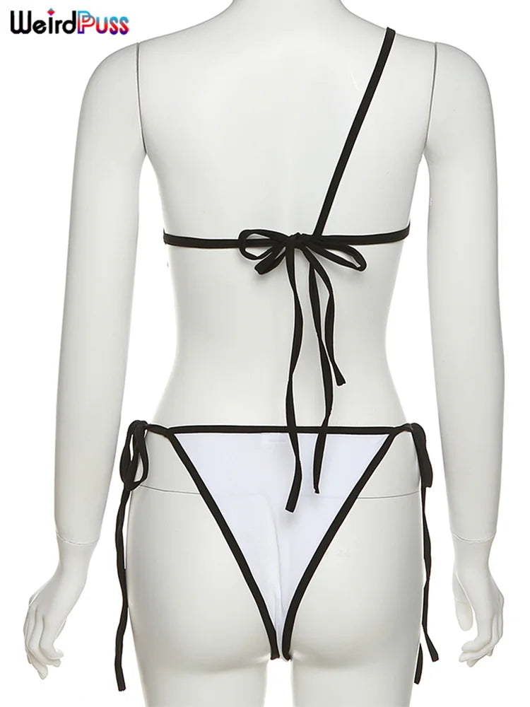 Weird Puss Beach Style Women Bikini 2 Piece Set Sexy Mesh Patchwork One Shoulder Bra Top+Bandage Briefs Vacation Trend Clubwear