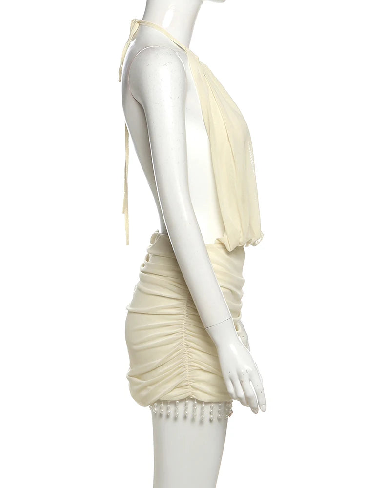 Mesh Lace-Up Halter Pearl Tassel Mini Dress — Women's Club