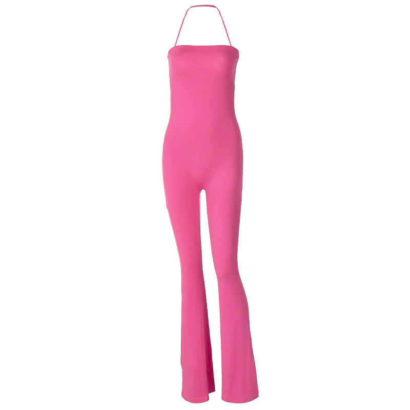 Hugcitar 2025 Spring Halter Solid Sleeveless Backless Sexy Bodycon Flare Pants Jumpsuit Women Casual Rompers Streetwear Festival