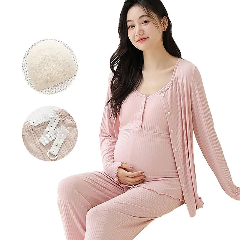 Pregnancy Comfort Pajamas Set Solid Color Long-sleeved Pants and Halter Vest Three-piece Maternity Nursing Homewear Sleepwear