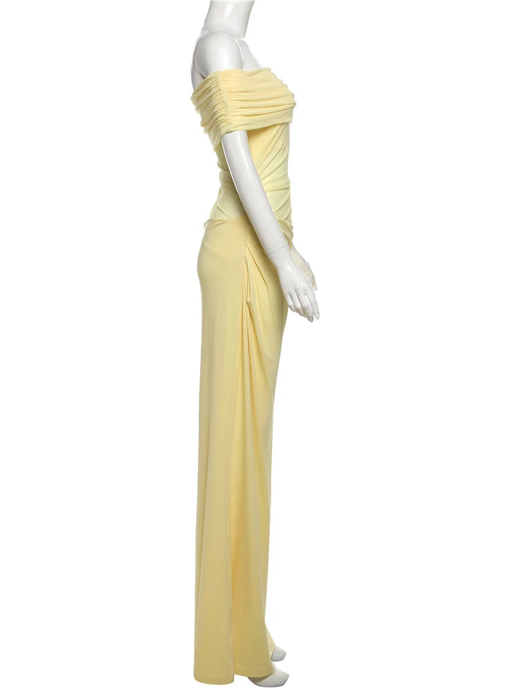 Mesh Patchwork Slash Neck Ruched Long Bodycon Dress — Women's