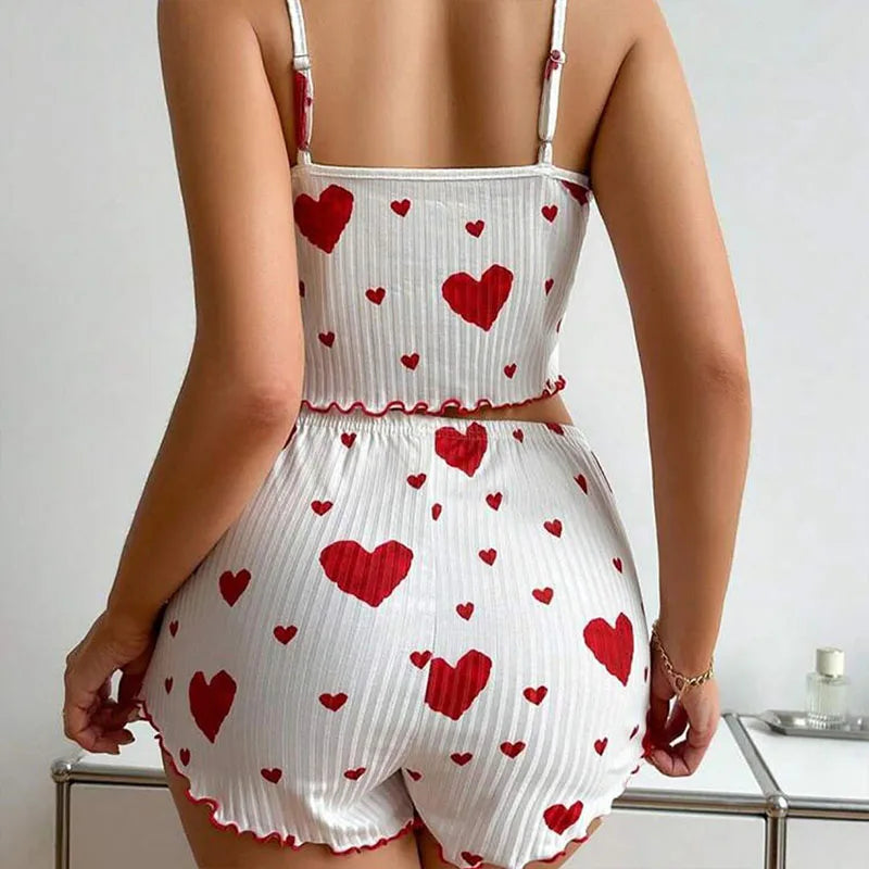 Cherry Temptation Home Love Print Flowing-Sleeve Short Pants for Casual Wearing, Women's Sleepwear Set