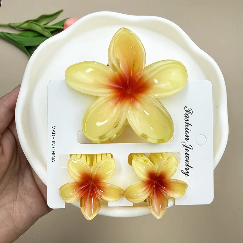 3Pcs Sweet Colorful Plumeria Flower Shark Clip Hair Claw Bohemian Ponytail Clip Plastic Hairpin Barrette Summer Hair Accessories
