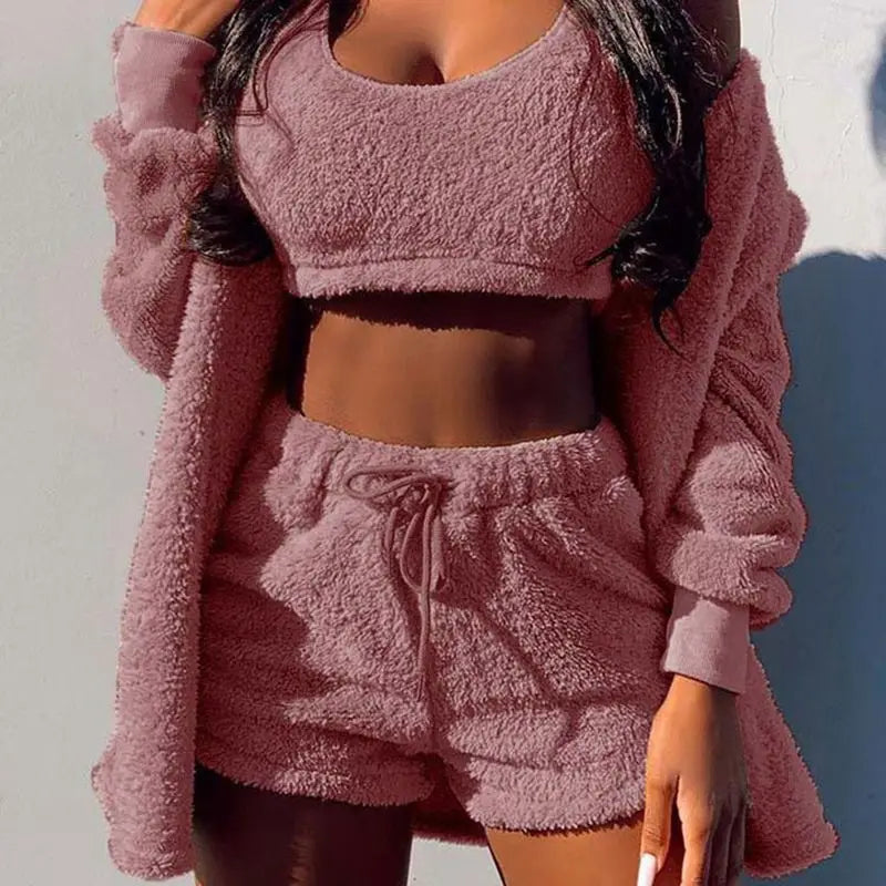 Fluffy Pajamas Set for Women Casual Sleepwear Tank Top and Shorts Plus Size Hoodie Leisure Homsuit Winter Teddy 3 Pieces Pijamas