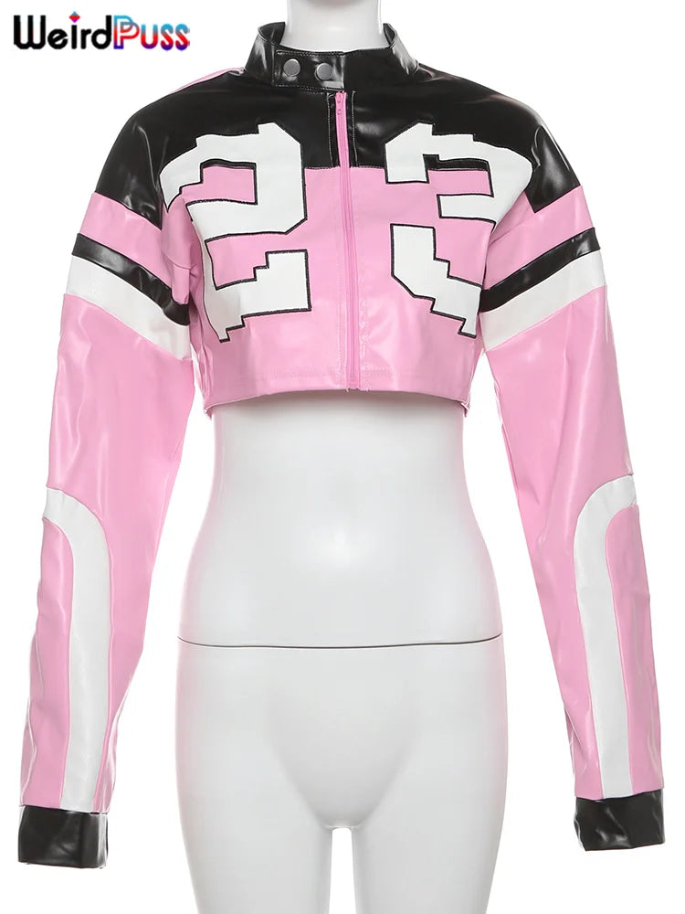 Weird Puss Faux Leather Varsity Jacket Women Hipster Letter Print Autumn Casual Sporty Wild Streetwear Uniform Trend Crop Coat