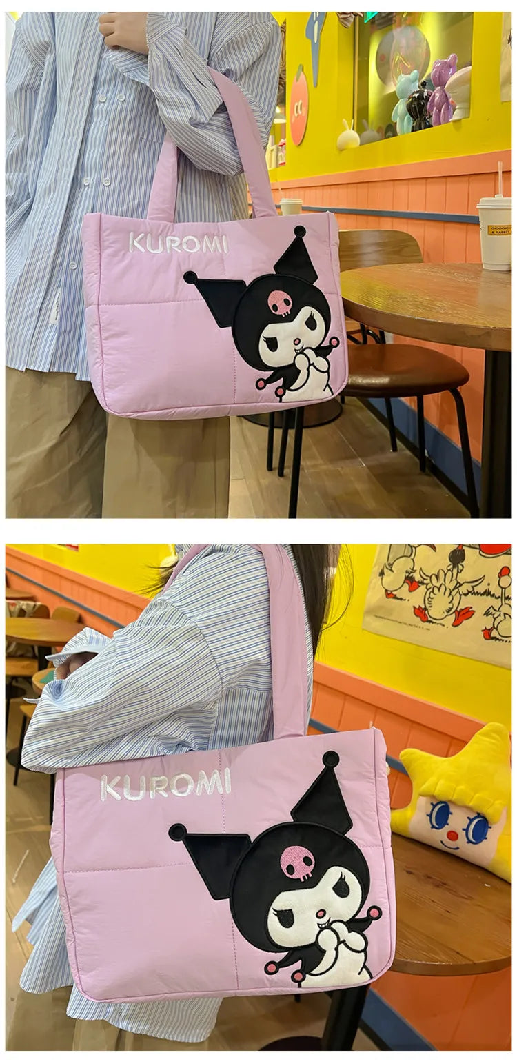 Sanrio Kawaii Hello Kitty Kuromi Tote Bags Cute My Melody Pochacco Cartoon Down Cotton Large Capacity Shoulder Bag Gifts Girls