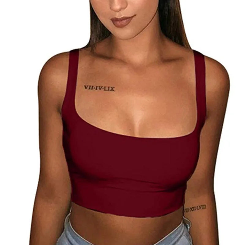 2025 sexy women's solid color vest with exposed navel top, summer sleeveless beach women's sports vest