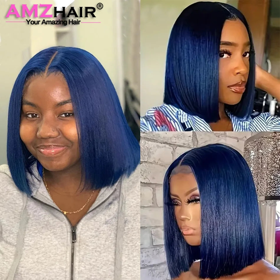 Blue Bob Lace Front Wig Human Hair 13x4 Colored Short Navy Blue Bob Wigs Pre Plucked Natural Hairline With Baby Hair