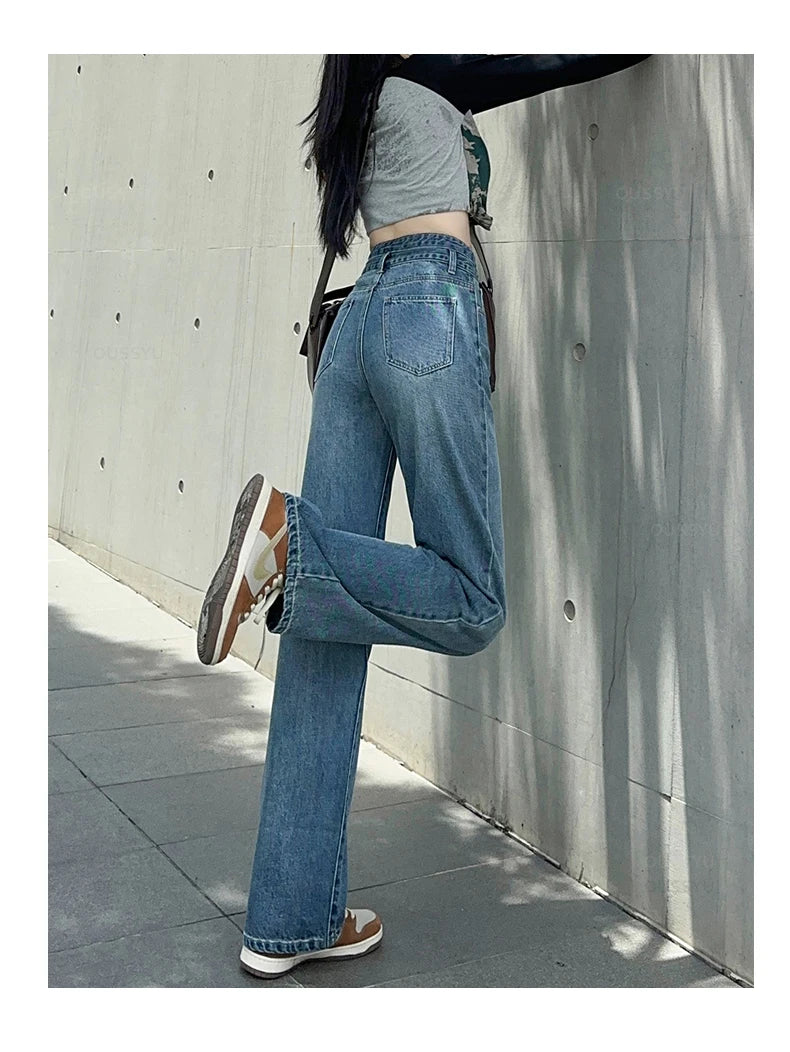 OUSSYU Woman Jeans High Waist Straight Wide Leg Cotton Denim Clothing Blue Streetwear Vintage Fashion Harajuku Women Trousers