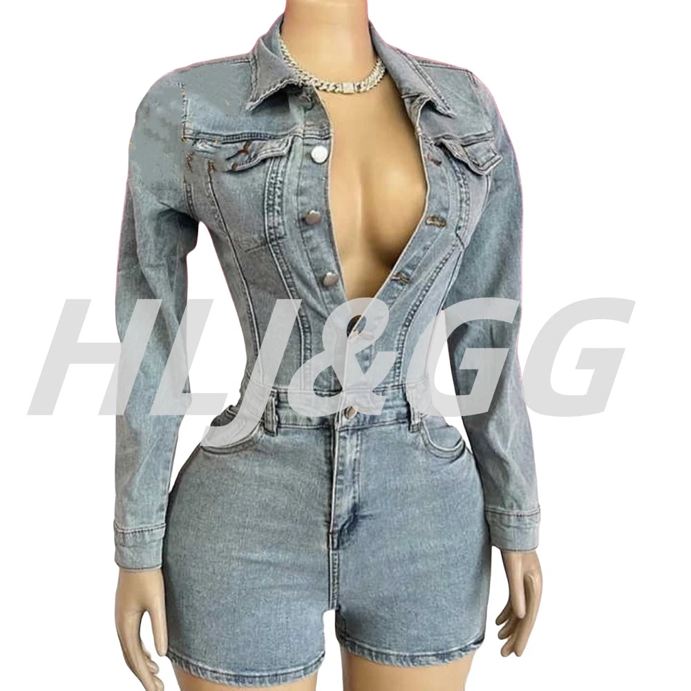 HLJ&GG Blue Fashion Pocket jeans Bodycon Rompers Women V Neck Long Sleeve Slim Cowboy One Piece Jumpsuits Sexy Female Overalls