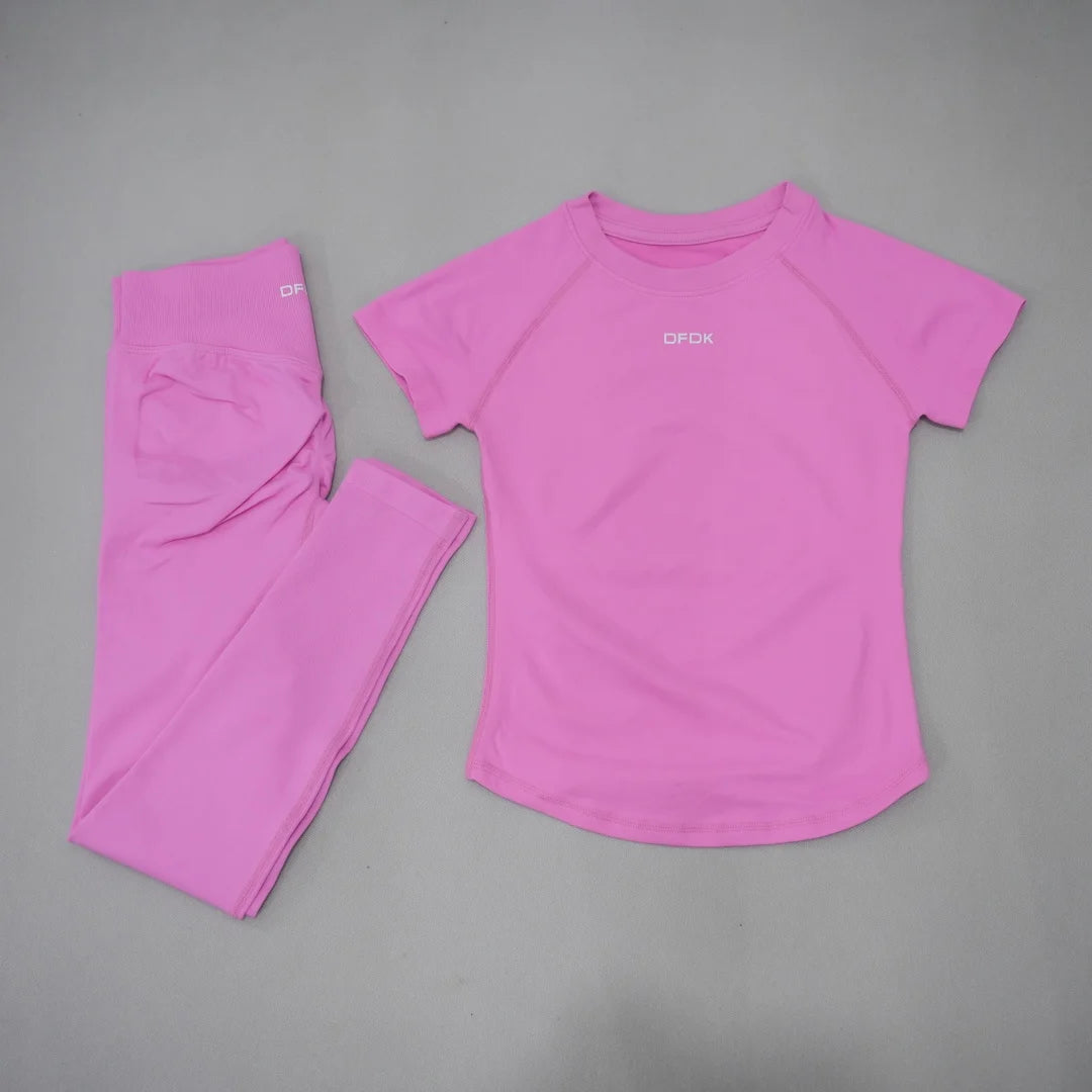 DFDK Ladies Seamless 2Pcs Yoga Set Short Sleeve Slim Top High Waist Leggings Quick Dry Breathable Gym Running Fitness Outfit