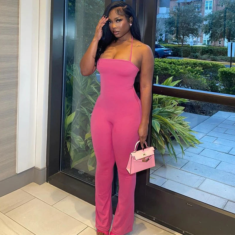 Hugcitar 2025 Spring Halter Solid Sleeveless Backless Sexy Bodycon Flare Pants Jumpsuit Women Casual Rompers Streetwear Festival