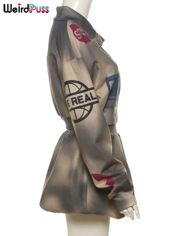 Weird Puss Tie-Dye 2 Piece Set Women Letter Print Zip Jacket+Waistband Puffy Skirt Matching Street Casual Vintage Suit