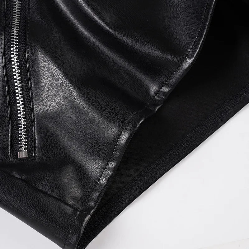Street punk style low waist exposed navel three button leather shorts