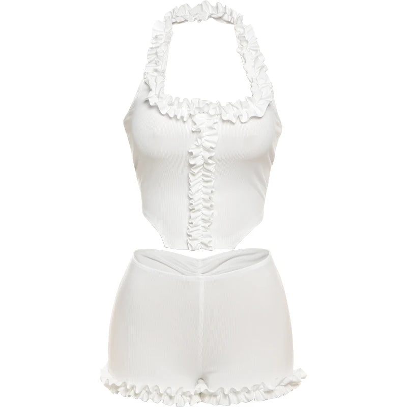 Weird Puss Ribbed Casual 2 Piece Set Women Ruffles Square Collar Backless Tank Tops+Skinny Shorts Versatile Style Trend Outfits