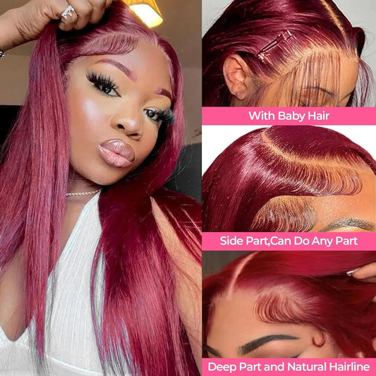Burgundy 99J Lace Front Wig 13x4 13x6 HD Lace Frontal Wig Human Hair Pre Plucked Straight Red Colored Wig 4x4 5x5 Closure Wig