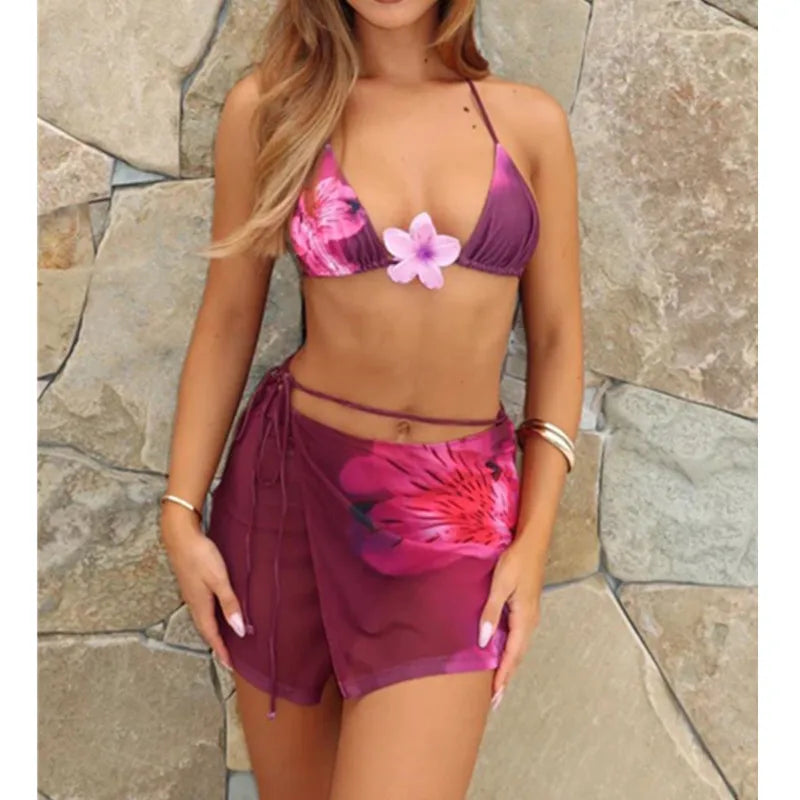 Women Bikini Swimsuit Skirt 2pcs Set Sexy Bathing Suits Ladies Flower Print Halter Tops and Mini Skirt 2Pcs Swimwear Beachwear