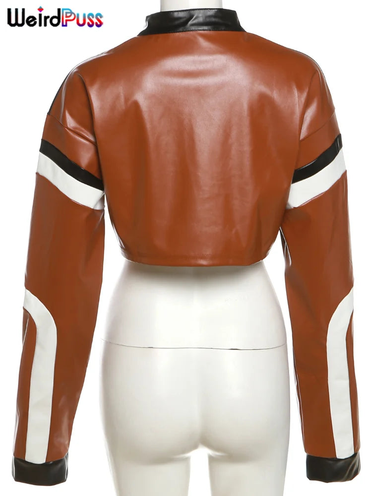 Weird Puss Faux Leather Varsity Jacket Women Hipster Letter Print Autumn Casual Sporty Wild Streetwear Uniform Trend Crop Coat