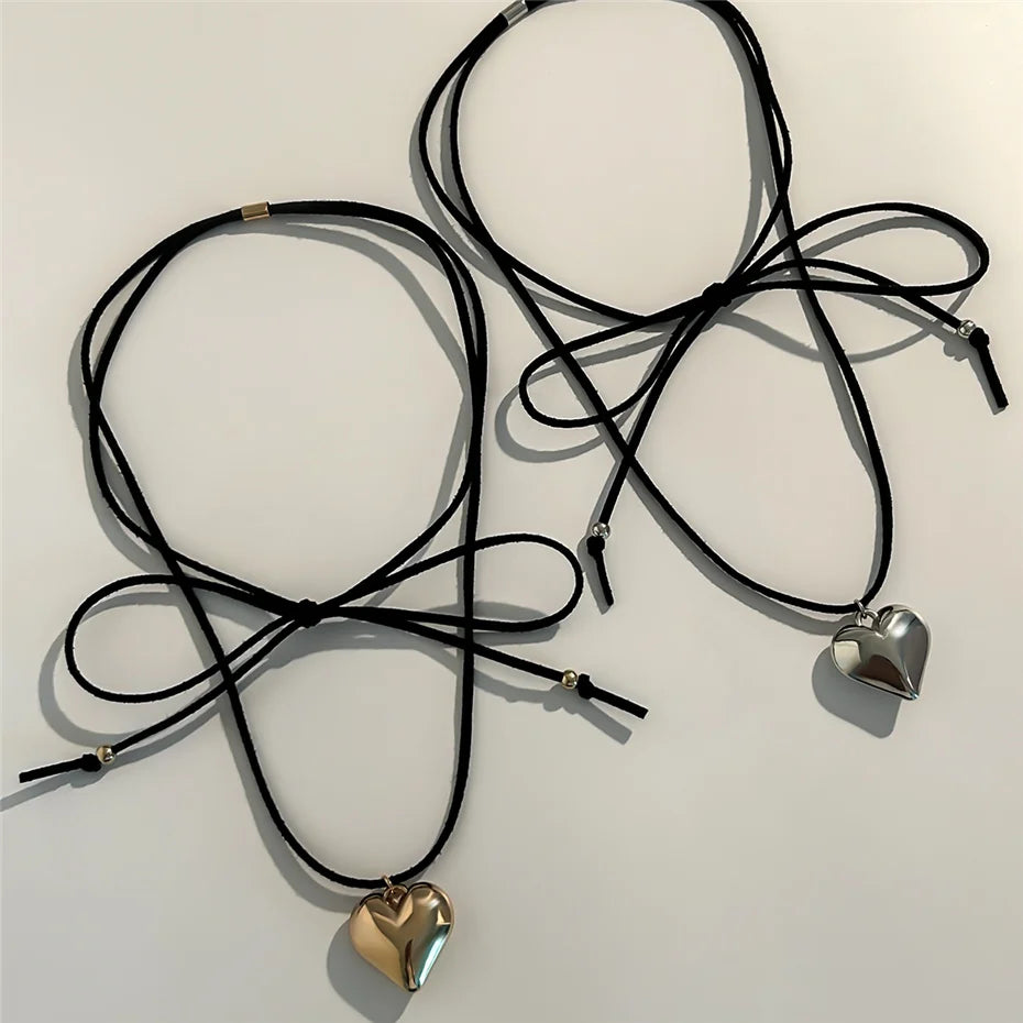Creative Sweet Cool Love Heart Pendant Necklace for Women Wedding Goth Knotted Bowknot Adjustable Chain Y2K Jewelry Accessories