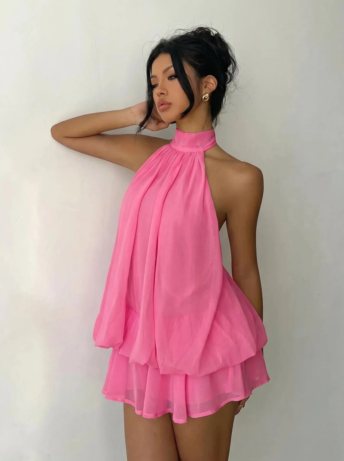 French Style Solid Color Women's Halter Neck Sleeveless Off Shoulder Backless A Line Mini Spicy Girl Beach Vacation Dresses