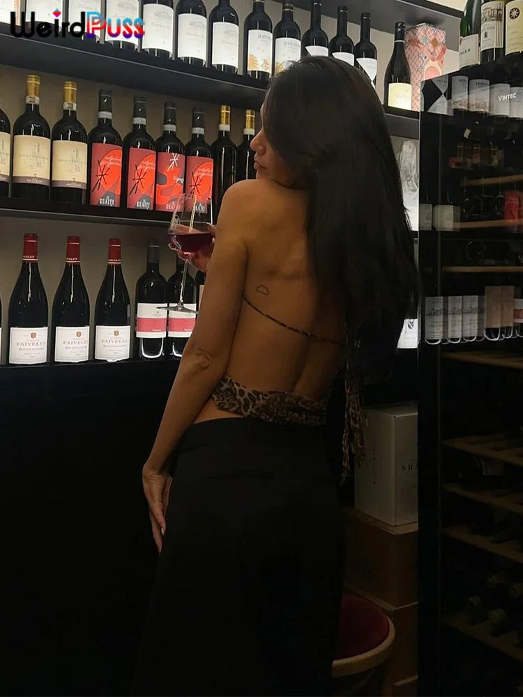 Weird Puss Halter Backless Tank Tops Women Sexy Hipster Swing Collar Leopard Print Summer Trend Hot Chick Wild Streetwear Vest