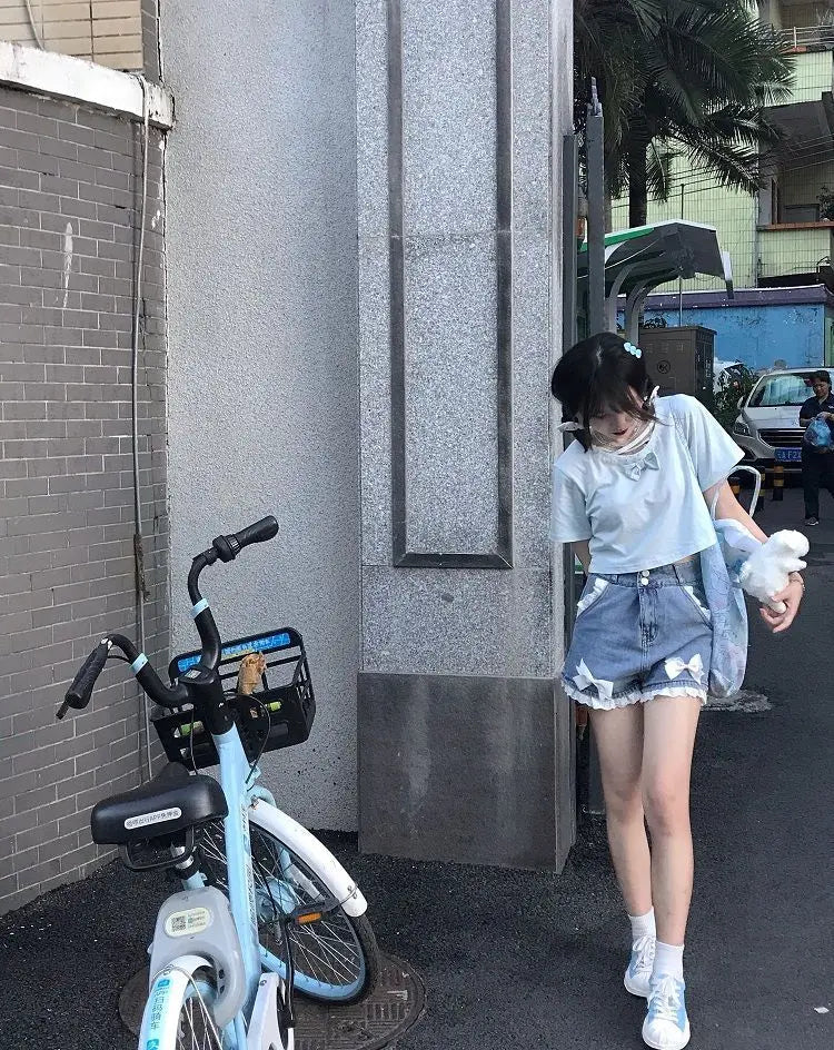 Japanese Preppy Style Bow Lace Patchwork Y2k Shorts Women Summer Straight Hotsweet High Waist jeans Short Pants Ruched