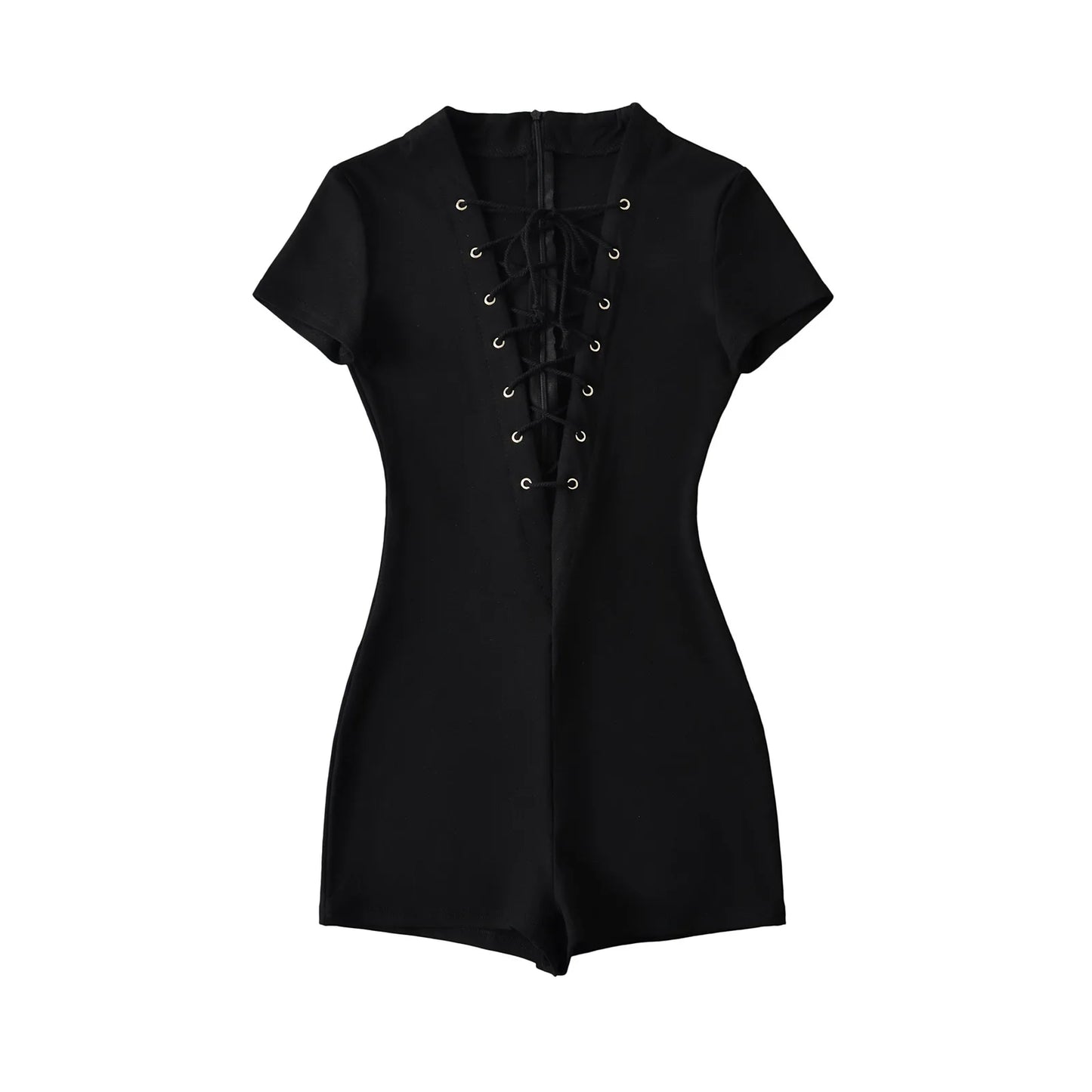 HLJ&GG Sexy Hollow Out Bandage Bodycon One Piece Rompers Women V Neck Short Sleeve Slim Jumpsuits Fashion Overalls Streetwear