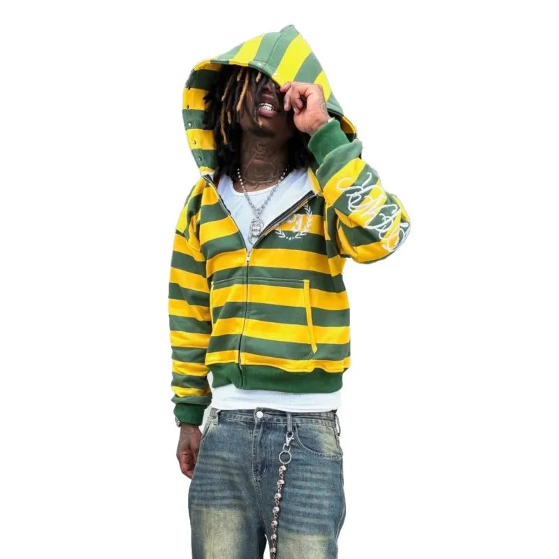 Y2K Retro Kid Zipper Hoodie Stripe Rivet Letter Embroidery Pattern Sweatshirt Men HipHop Fashion Streetwear Unisex Women Clothes