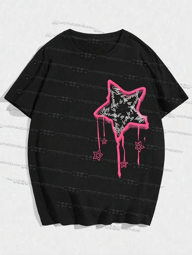 Melted Star Pattern Printed Cotton Short Sleeved O-Neck Loose Breathable Street Tee Summer Women'S Fashionable Home Clothing Top